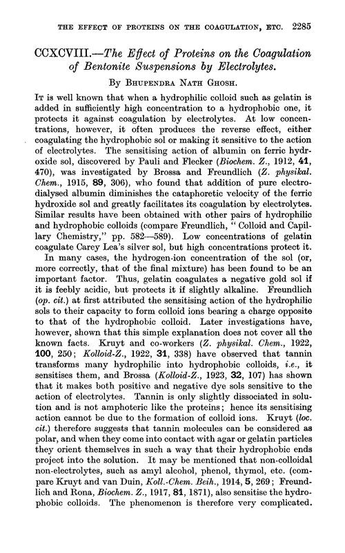 CCXCVIII.—The effect of proteins on the coagulation of bentonite suspensions by electrolytes