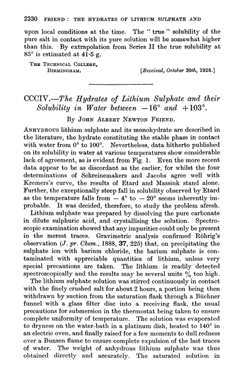 CCCIV.—The hydrates of lithium sulphate and their solubility in water between –16° and +103°