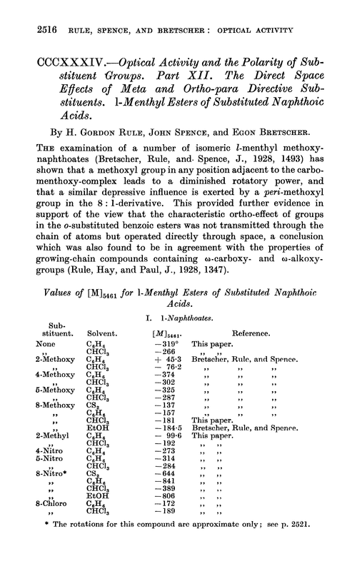 CCCXXXIV.—Optical activity and the polarity of substituent groups. Part XII. The direct space effects of meta and ortho-para directive substituents. l-Menthyl esters of substituted naphthoic acids