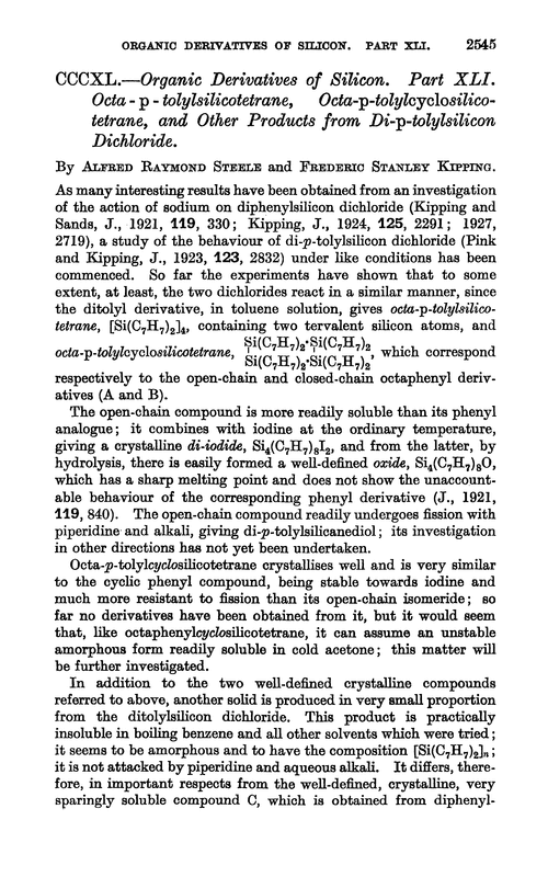 CCCXL.—Organic derivatives of silicon. Part XLI. Octa-p-tolylsilicotetrane, octa-p-tolylcyclosilicotetrane, and other products from di-p-tolylsilicon dichloride