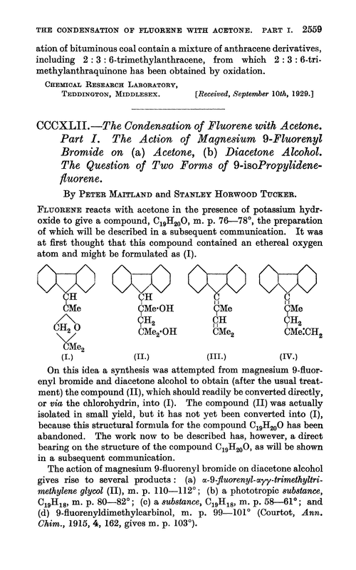 CCCXLII.—The condensation of fluorene with acetone. Part I. The action of magnesium 9-fluorenyl bromide on (a) acetone, (b) diacetone alcohol. The question of two forms of 9-isopropylidenefluorene