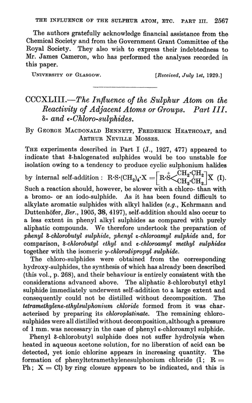 CCCXLIII.—The influence of the sulphur atom on the reactivity of adjacent atoms of groups. Part III. δ-and Îµ-Chloro-sulphides