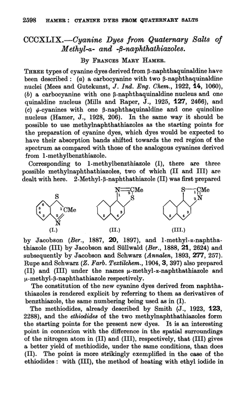 CCCXLIX.—Cyanine dyes from quaternary salts of methyl-α- and -β-naphthathiazoles