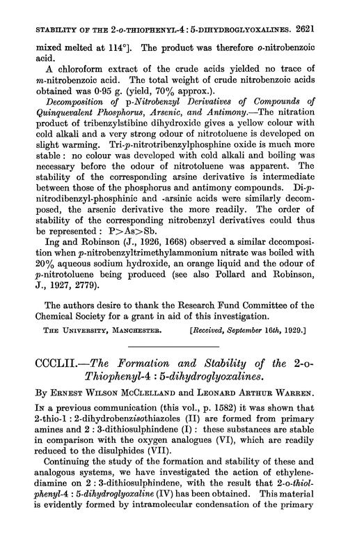 CCCLII.—The formation and stability of the 2-o-thiophenyl-4 : 5-dihydroglyoxalines