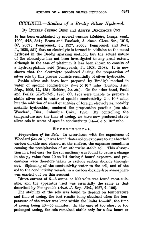 CCCLXIII.—Studies of a bredig silver hydrosol