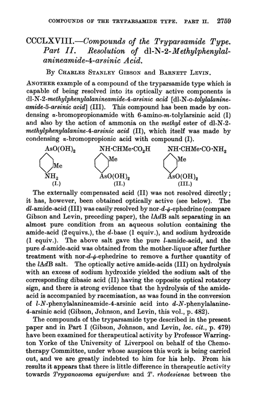 CCCLXVIII.—Compounds of the tryparsamide type. Part II. Resolution of dl-N-2-methylphenylalanineamide-4-arsinic acid