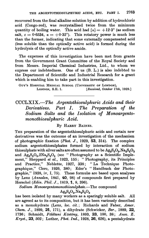 CCCLXIX.—The argentothiosulphuric acids and their derivatives. Part I. The preparation of the sodium salts and the isolation of monoargentomonothiosulphuric acid