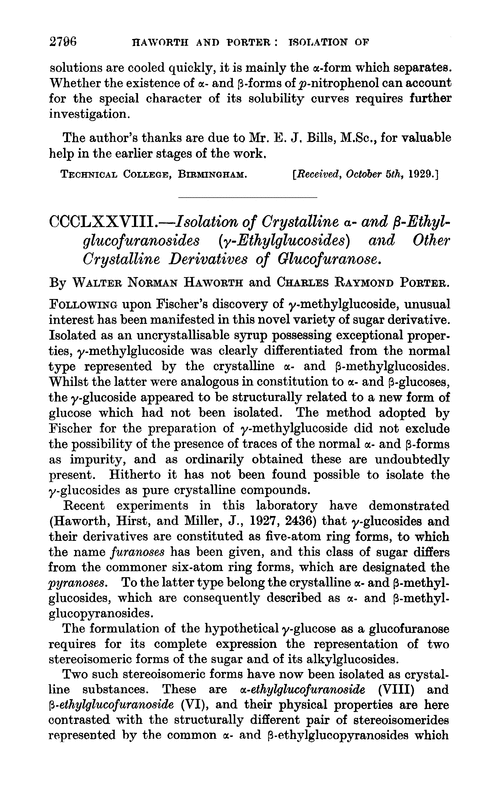 CCCLXXVIII.—Isolation of crystalline α- and β-ethylglucofuranosides (γ-ethylglucosides) and other crystalline derivatives of glucofuranose