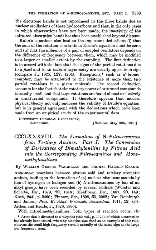CCCLXXXVIII.—The formation of N-nitrosoamines from tertiary amines. Part I. The conversion of derivatives of dimethylaniline by nitrous acid into the corresponding nitrosoamines and monomethylanilines