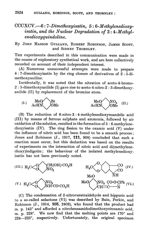 CCCXCV.—6 : 7-Dimethoxyisatin, 5 : 6-methylenedioxyisatin, and the nuclear degradation of 3 : 4-methylenedioxyquindoline