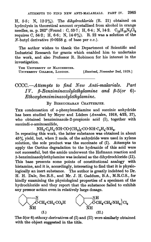 CCCC.—Attempts to find new anti-malarials. Part IV. β-Benziminazolylethylamine and β-5(or 6)-ethoxybenziminazolylethylamine