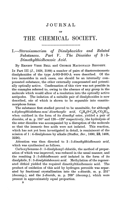 I.—Stereoisomerism of disulphoxides and related substances. Part V. The dioxides of 3 : 5-dimethylthiolbenzoic acid