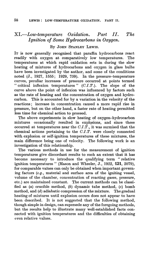 XI.—Low-temperature oxidation. Part II. The ignition of some hydrocarbons in oxygen