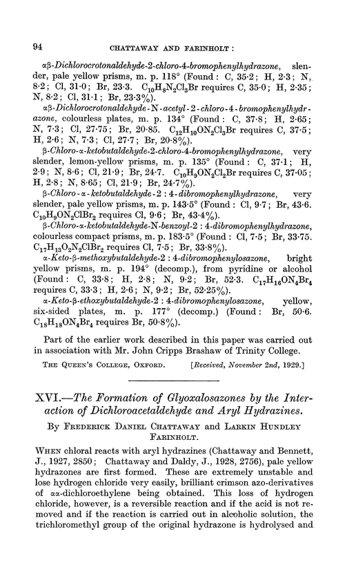 XVI.—The formation of glyoxalosazones by the interaction of dichloroacetaldehyde and aryl hydrazines