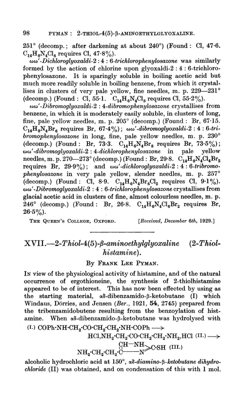 XVII.—2-Thiol-4(5)-β-aminoethylglyoxaline (2-thiolhistamine)