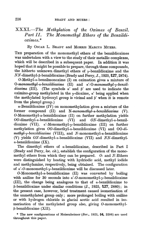 XXXI.—The methylation of the oximes of benzil. Part II. The monomethyl ethers of the benzildioximes