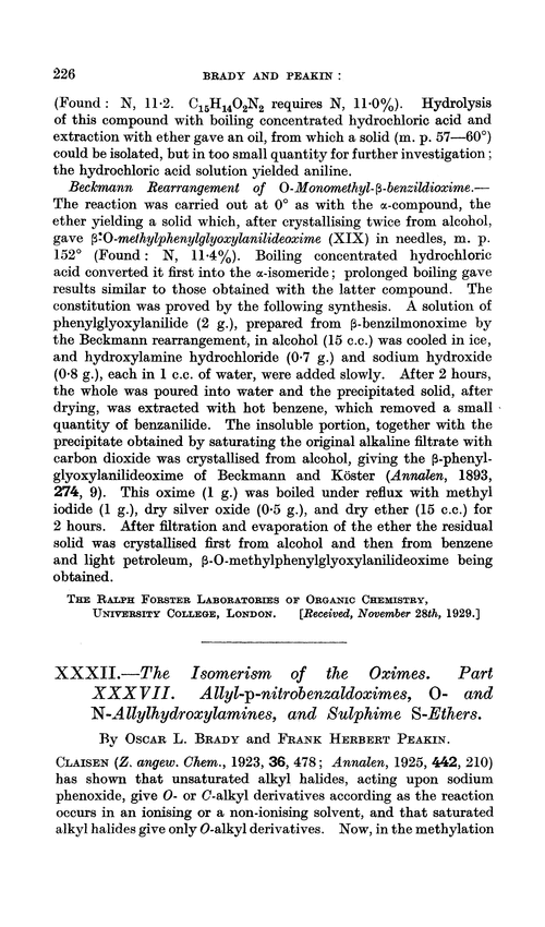 XXXII.—The isomerism of the oximes. Part XXXVII. Allyl-p-nitrobenzaldoximes, O- and N-allylhydroxylamines, and sulphime S-ethers