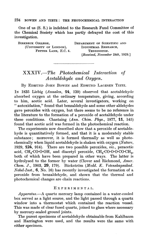 XXXIV.—The photochemical interaction of acetaldehyde and oxygen