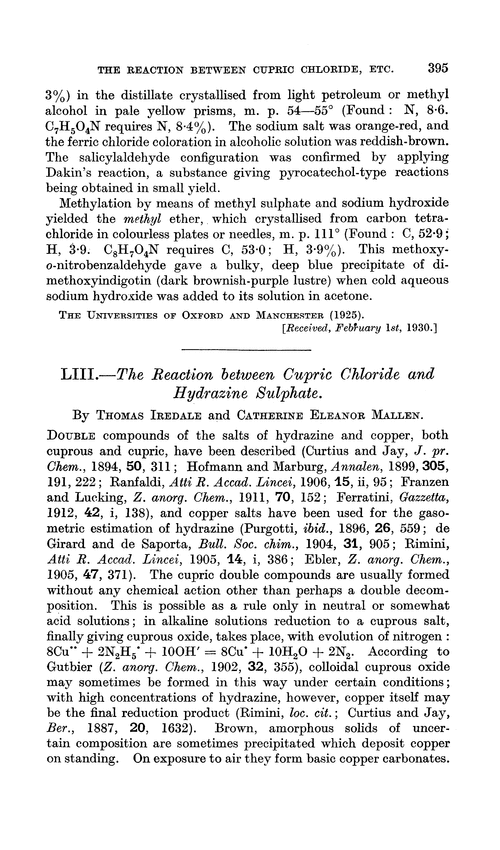 LIII.—The reaction between cupric chloride and hydrazine sulphate