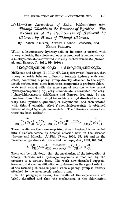 LVII.—The interaction of ethyl l-mandelate and thionyl chloride in the presence of pyridine. The mechanism of the replacement of hydroxyl by chlorine by means of thionyl chloride