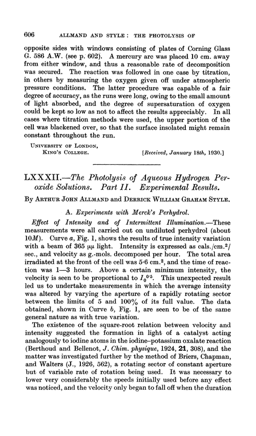 LXXXII.—The photolysis of aqueous hydrogen peroxide solutions. Part II. Experimental results