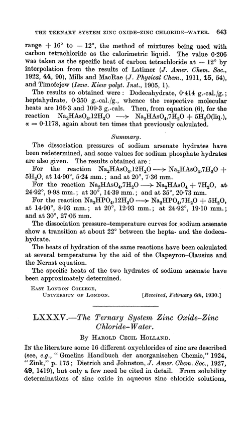 LXXXV.—The ternary system zinc oxide–zinc chloride–water