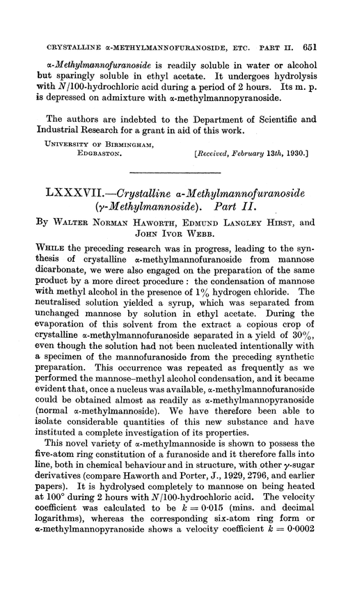 LXXXVII.—Crystalline α-methylmannofuranoside (γ-methylmannoside). Part II