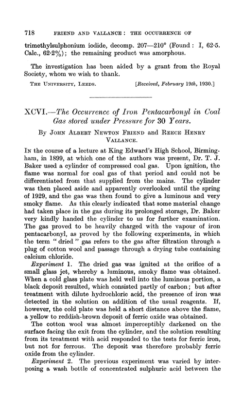 XCVI.—The occurrence of iron pentacarbonyl in coal gas stored under pressure for 30 years
