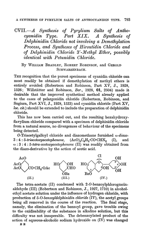 CVII.—A synthesis of pyrylium salts of anthocyanidin type. Part XIX. A synthesis of delphinidin chloride not involving a demethylation process, and syntheses of hirsutidin chloride and of delphinidin chloride 3′-methyl ether, possibly identical with petunidin chloride