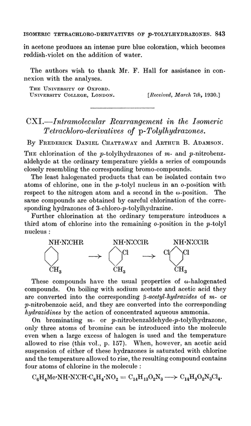 CXI.—Intramolecular rearrangement in the isomeric tetrachloro-derivatives of p-tolylhydrazones