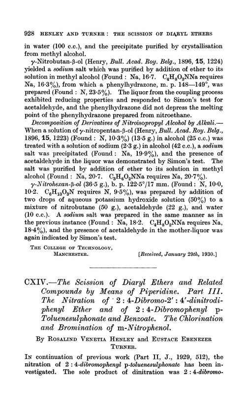 CXIV.—The scission of diaryl ethers and related compounds by means of piperidine. Part III. The nitration of 2 : 4-dibromo-2′ : 4′-dinitrodiphenyl ether and of 2 : 4-dibromophenyl p-toluenesulphonate and benzoate. The chlorination and bromination of m-nitrophenol