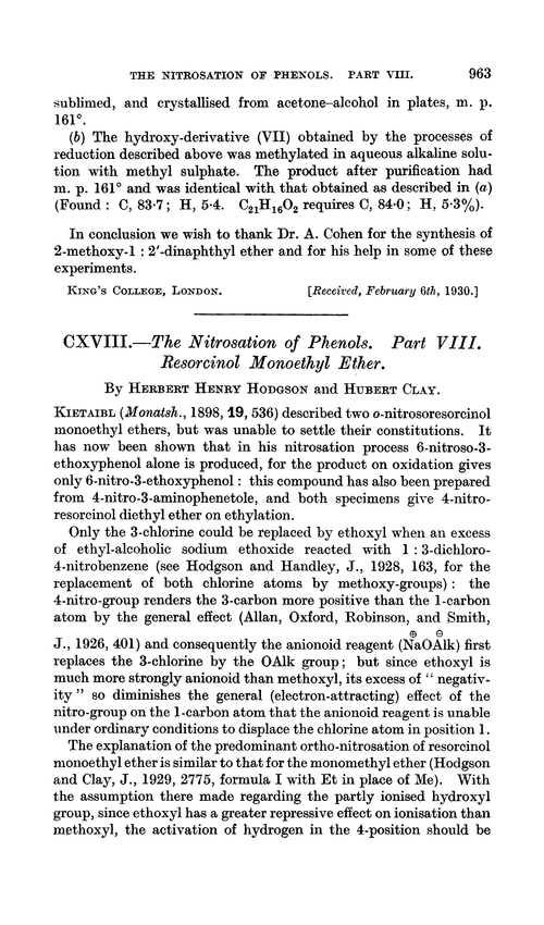 CXVIII.—The nitrosation of phenols. Part VIII. Resorcinol monoethyl ether