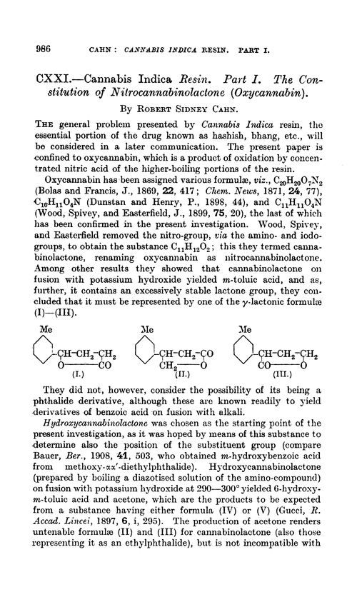CXXI.—Cannabis Indica resin. Part I. The constitution of nitrocannabinolactone (oxycannabin)