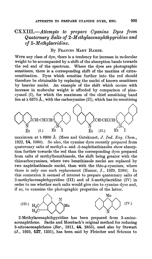 CXXIII.—Attempts to prepare cyanine dyes from quaternary salts of 2-methylacenaphthpyridine and of 5-methylacridine