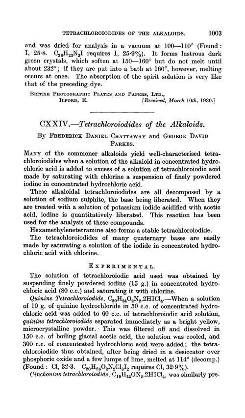 CXXIV.—Tetrachloroiodides of the alkaloids