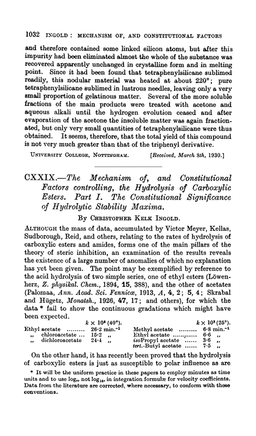CXXIX.—The mechanism of, and constitutional factors controlling, the hydrolysis of carboxylic esters. Part I. The constitutional significance of hydrolytic stability maxima