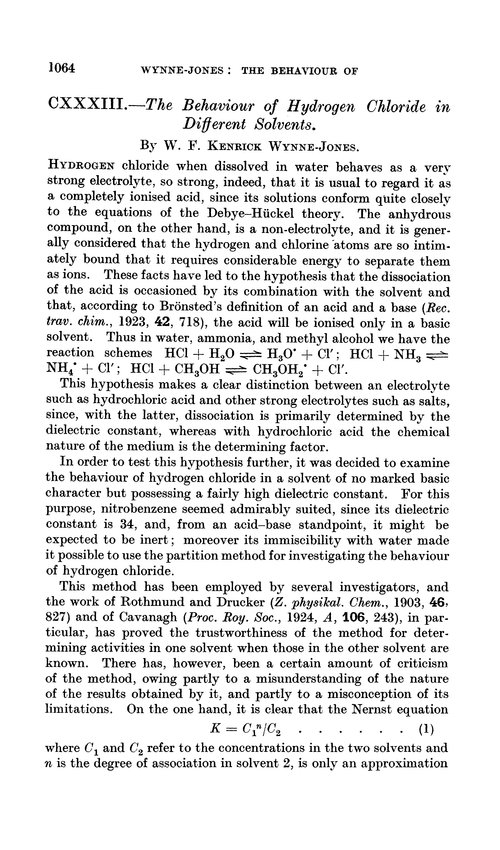 CXXXIII.—The behaviour of hydrogen chloride in different solvents