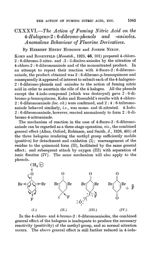 CXXXVI.—The action of fuming nitric acid on the 4-halogeno-2 : 6-dibromo-phenols and -anisoles. Anomalous behaviour of fluorine derivatives