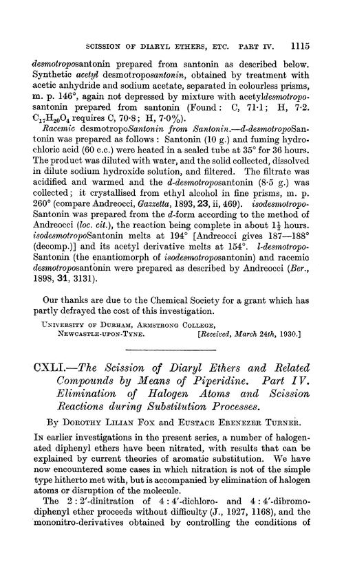CXLI.—The scission of diaryl ethers and related compounds by means of piperidine. Part IV. Elimination of halogen atoms and scission reactions during substitution processes
