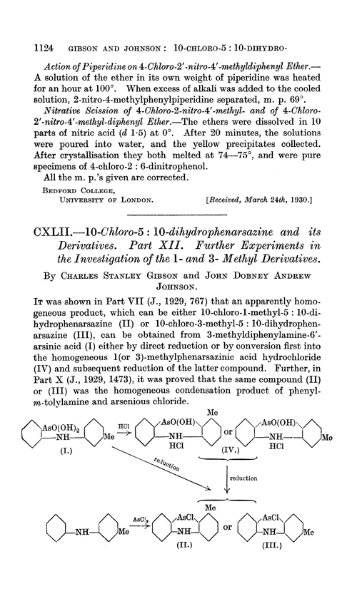 CXLII.—10-Chloro-5 : 10-dihydrophenarsazine and its derivatives. Part XII. Further experiments in the investigation of the 1- and 3-methyl derivatives