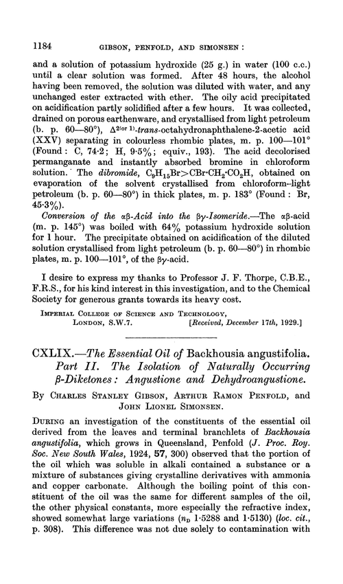 CXLIX.—The essential oil of Backhousia angustifolia. Part II. The isolation of naturally occurring β-diketones: angustione and dehydroangustione