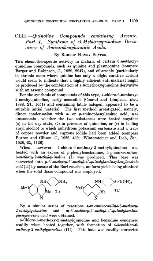 CLII.—Quinoline compounds containing arsenic. Part I. Synthesis of 6-methoxyquinoline derivatives of aminophenylarsinic acids