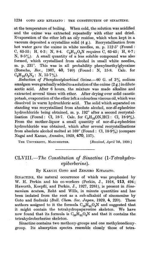 CLVIII.—The constitution of sinactine (1-tetrahydroepiberberine)