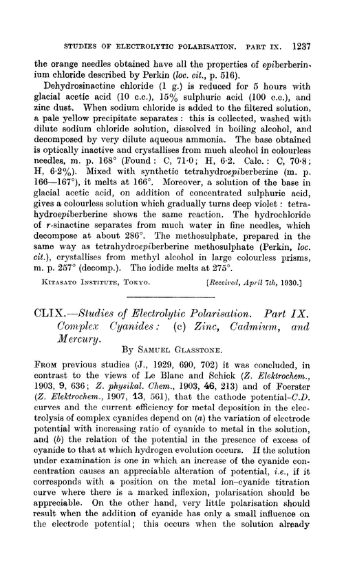 CLIX.—Studies of electrolytic polarisation. Part IX. Complex cyanides: (c) zinc, cadmium, and mercury