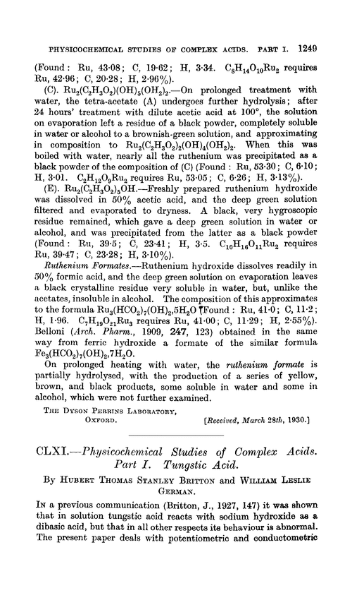 CLXI.—Physicochemical studies of complex acids. Part I. Tungstic acid