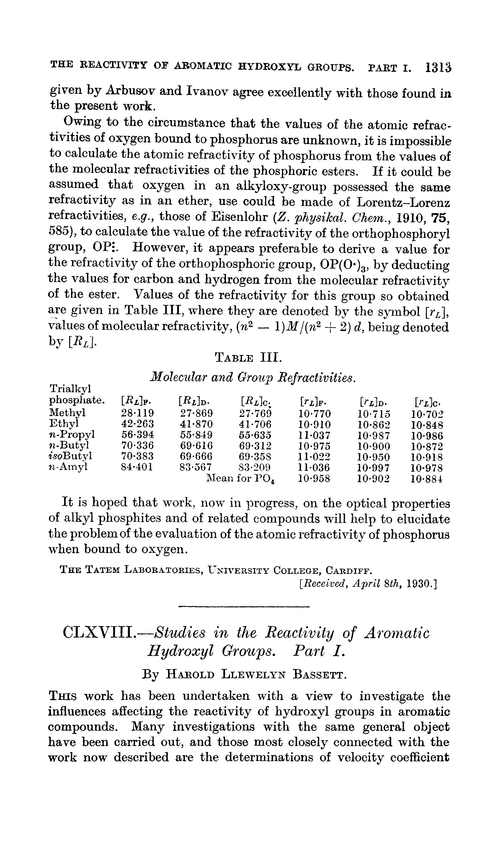CLXVIII.—Studies in the reactivity of aromatic hydroxyl groups. Part I