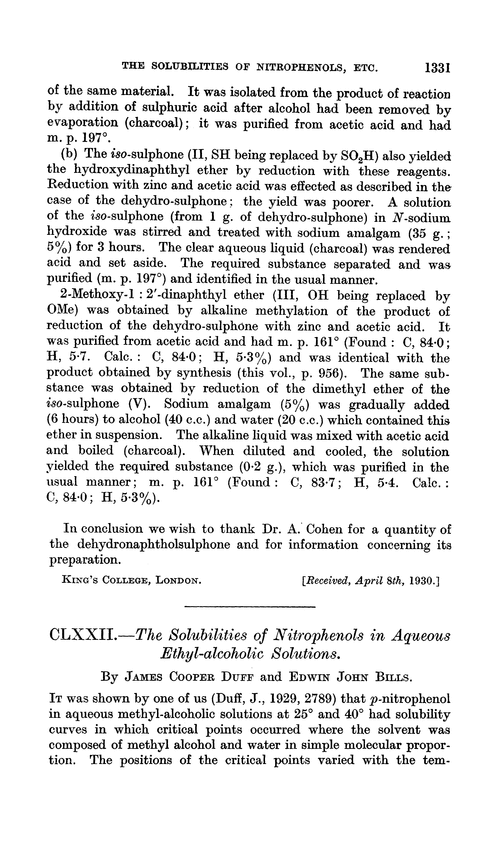 CLXXII.—The solubilities of nitrophenols in aqueous ethyl-alcoholic solutions