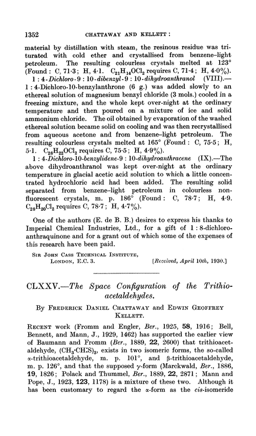 CLXXV.—The space configuration of the trithioacetaldehydes