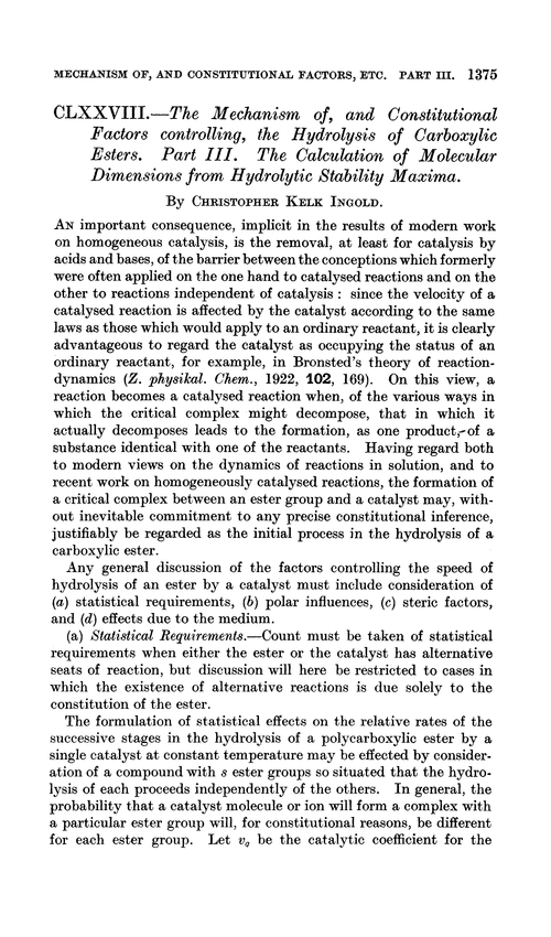 CLXXVIII.—The mechanism of, and constitutional factors controlling, the hydrolysis of carboxylic esters. Part III. The calculation of molecular dimensions from hydrolytic stability maxima