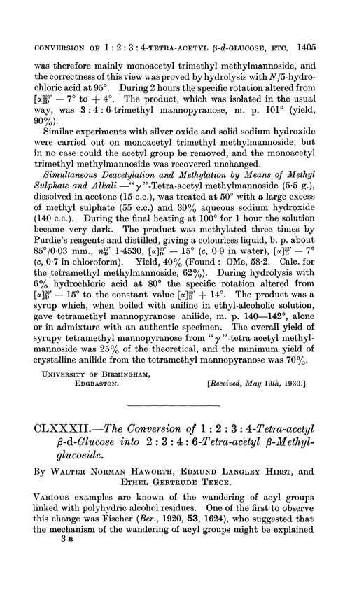 CLXXXII.—The conversion of 1 : 2 : 3 : 4-tetra-acetyl β-d-glucose into 2 : 3 : 4 : 6-tetra-acetyl β-methylglucoside